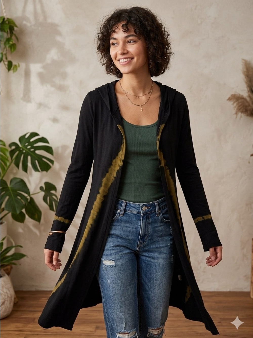 ParkerBlue womens small black & tan hooded lightweight cashmere cardigan sweater